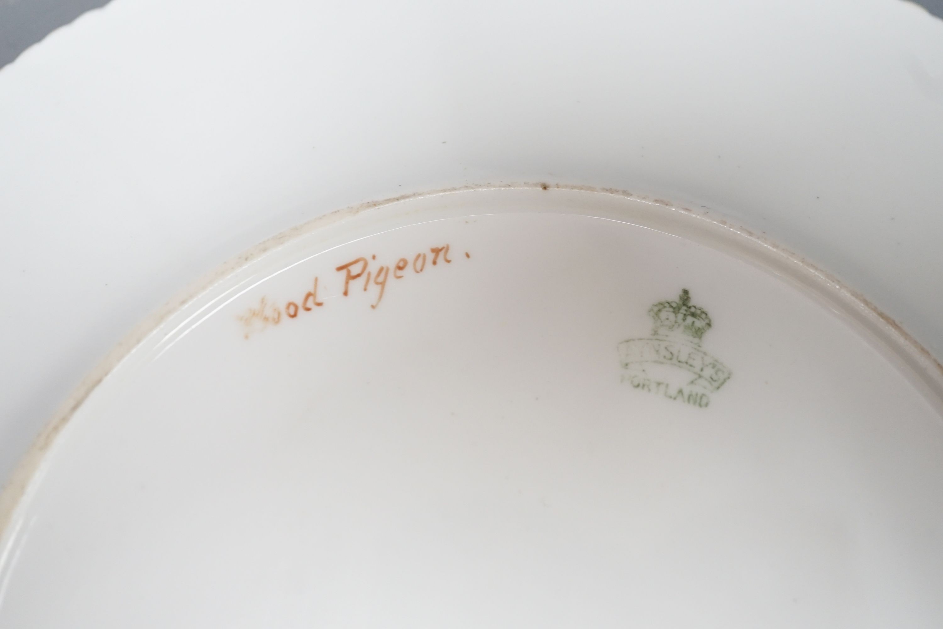 A late 19th century Aynsley pair of plates painted by F. Micklewright each signed, with a Widgeon or Wood Pigeon named verso 22cm